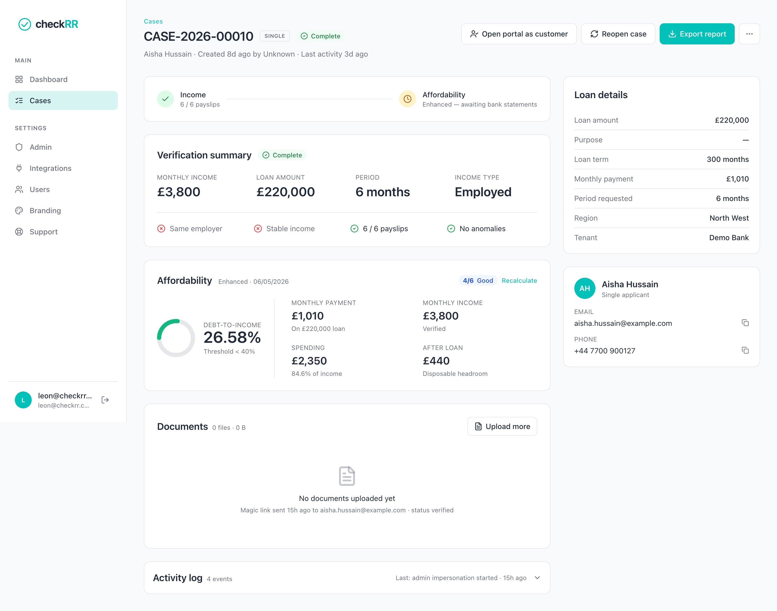 checkRR dashboard — full case detail with documents and activity log