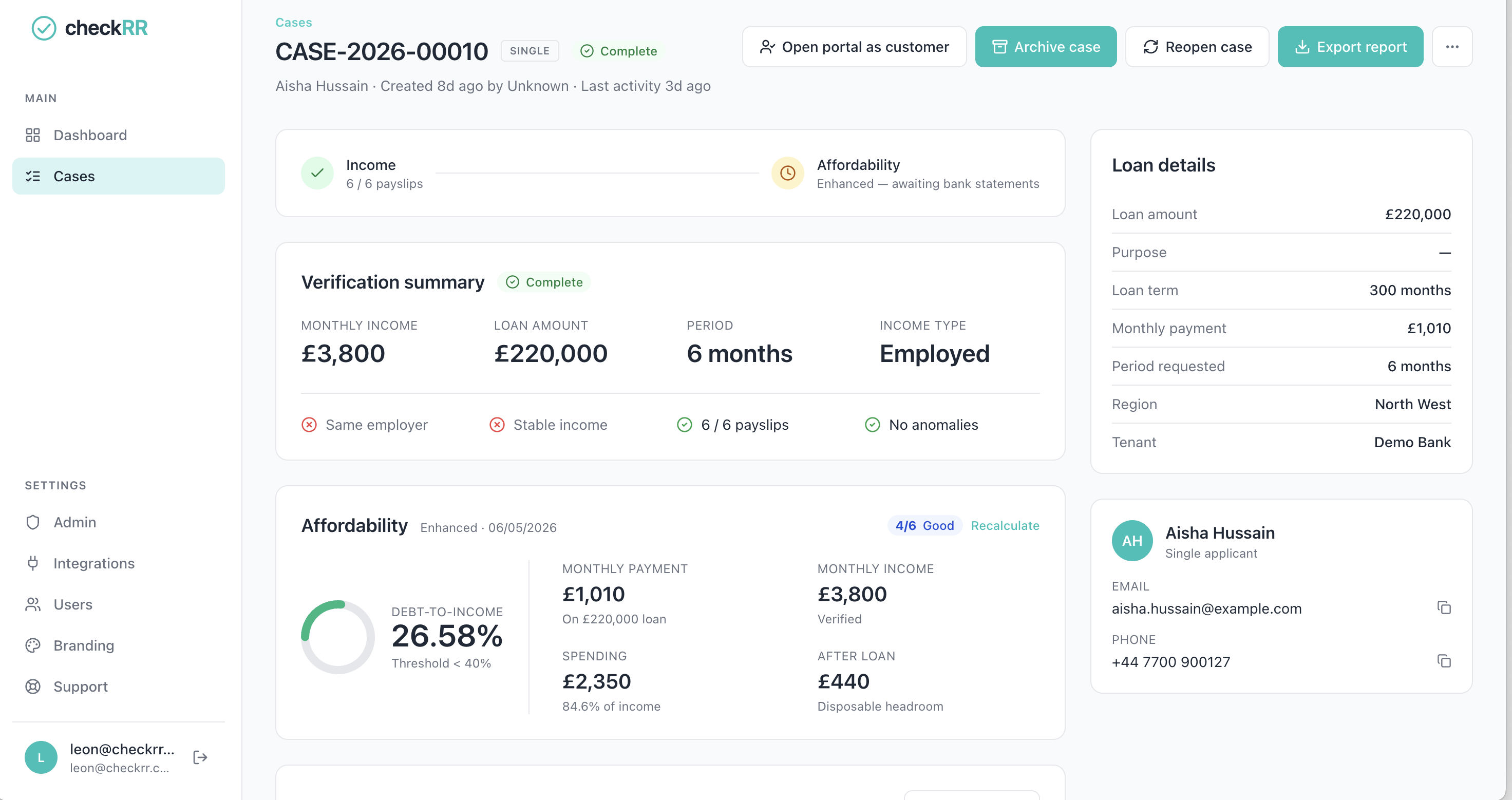 checkRR dashboard — case detail with affordability score