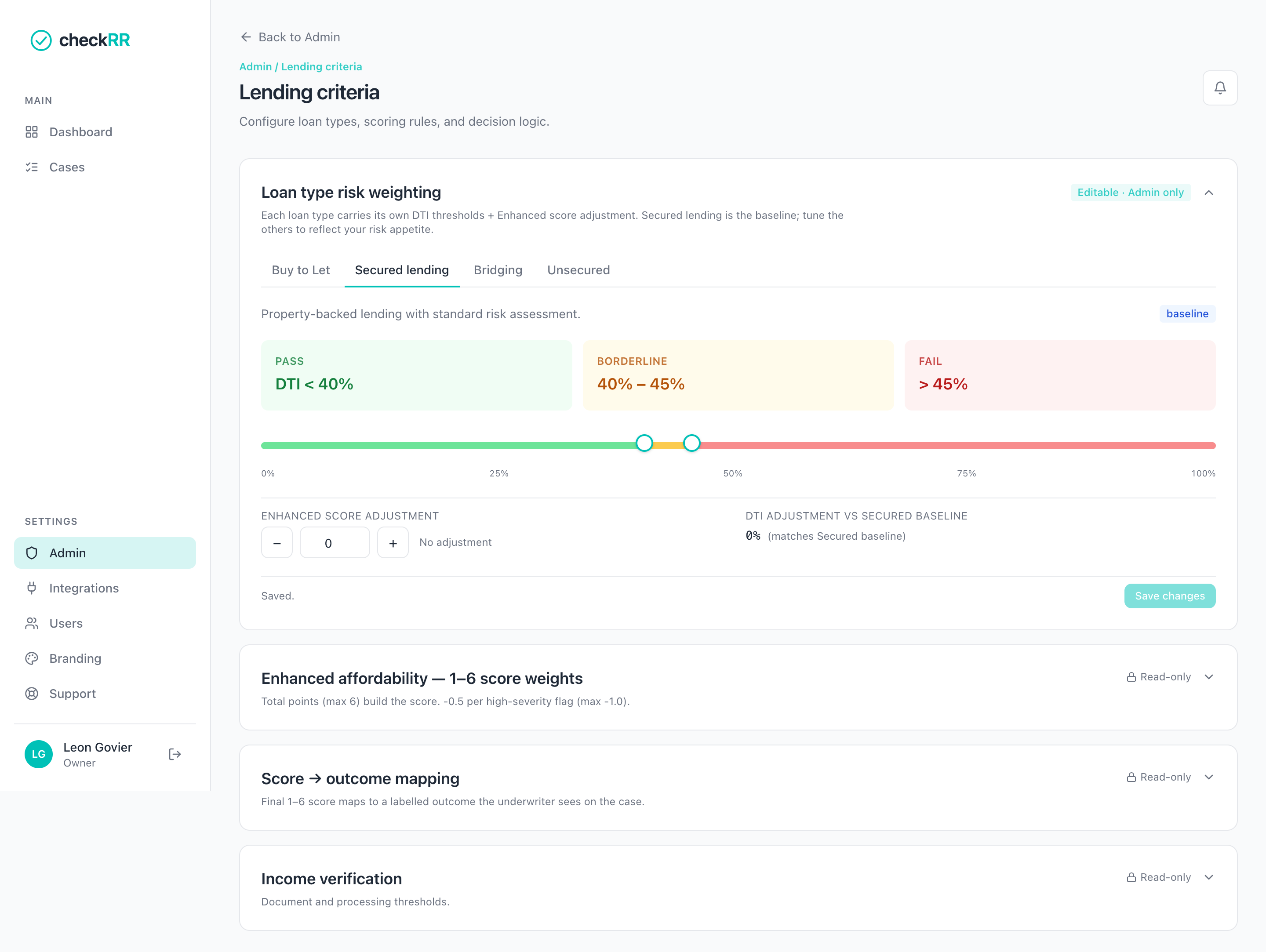 checkRR admin — Lending criteria configuration with DTI threshold slider showing PASS / BORDERLINE / FAIL zones